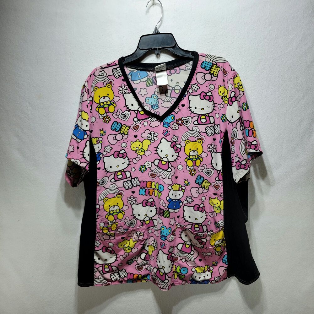 Hello Kitty Women Scrub Top xl Pink Graphic Hello Kitty V-Neck
